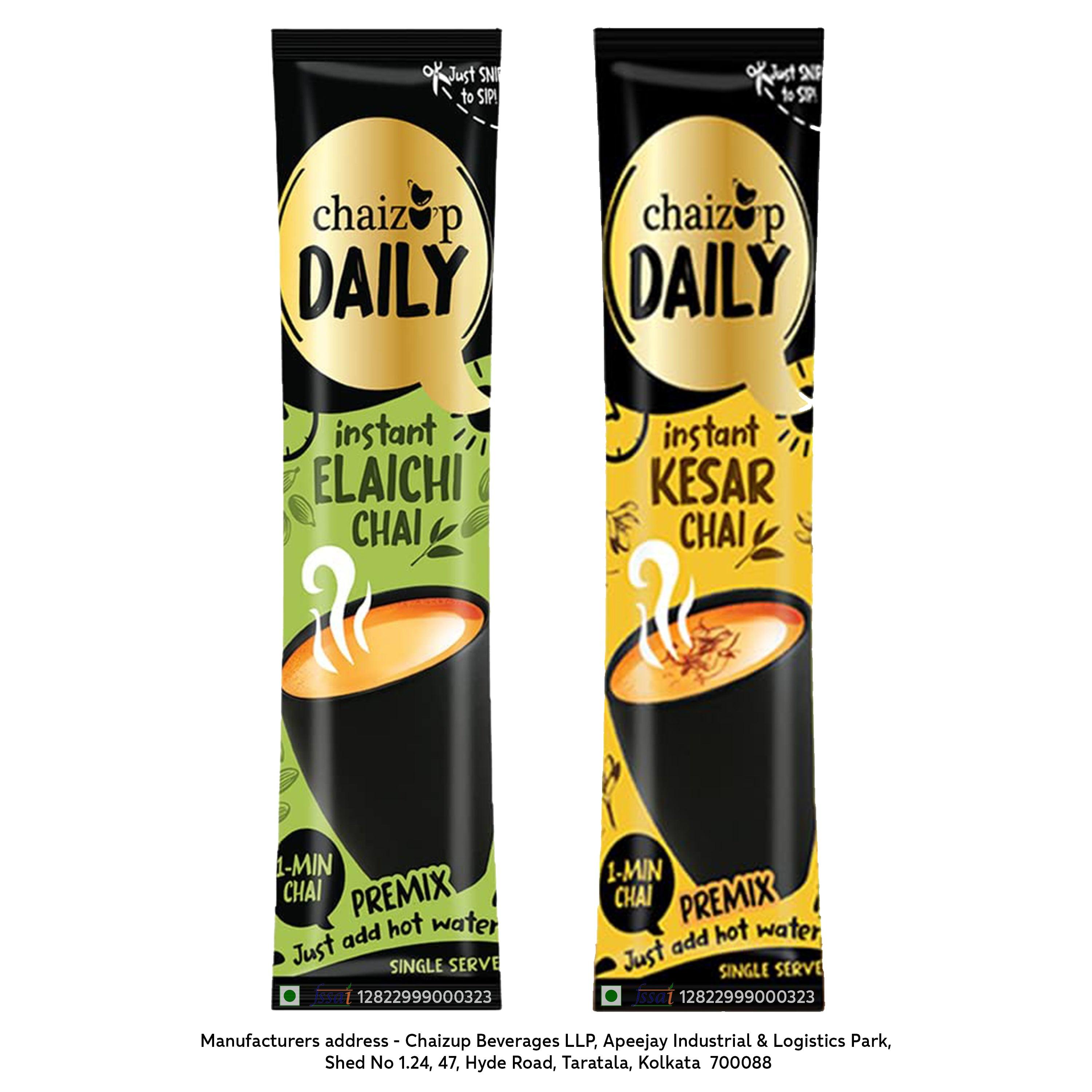 Chaizup Daily 1 Min Instant Assorted Tea Pack - 40 Sachets | Elachi & Kesar Flavours | 40 Servings | 2 Packs (20 Sachets Each) | 280g